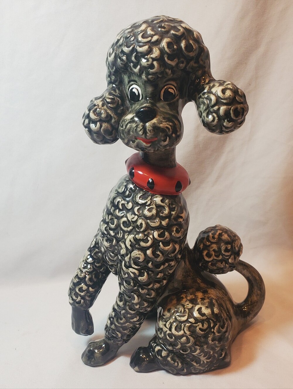 Atlantic Mold Vtg Black Cream Ceramic Poodle Dog Figurine Sculpture Red Collar